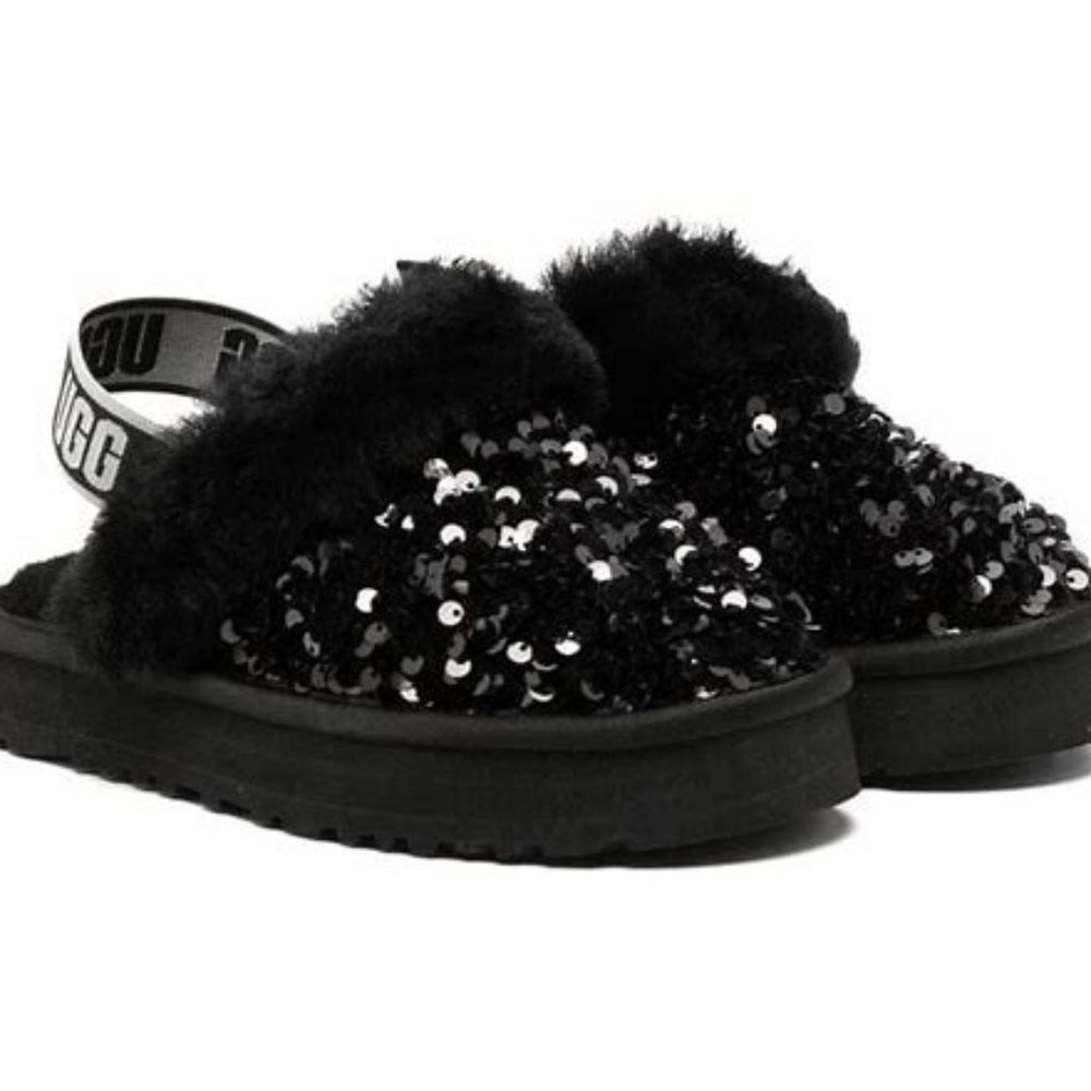 NIB YOUTH 4 WOMEN'S 6 CHUNKY‎ WEDGE SEQUIN SLIPPERS BLACK